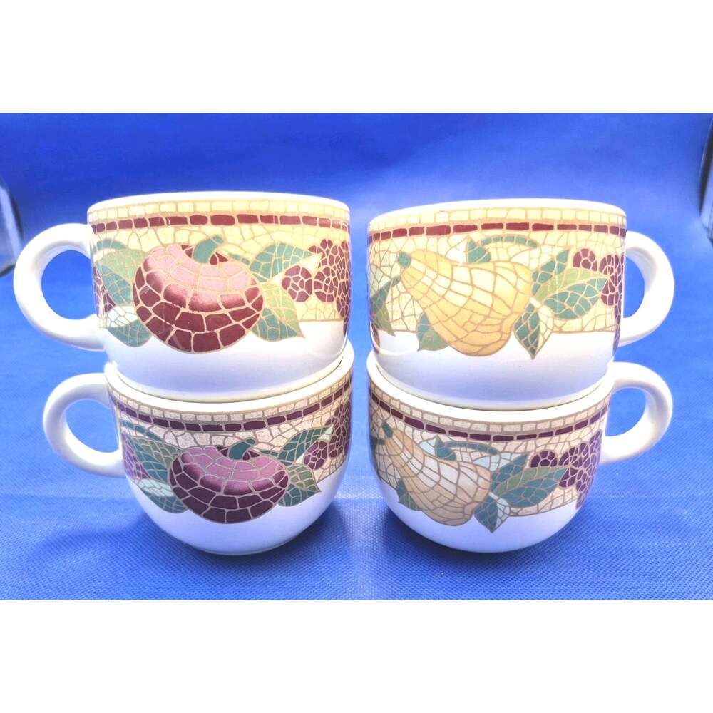 Pier 1 Mosaic Fruit 10oz Mugs Cups Italy Earthenware Set of 4 Discontinued